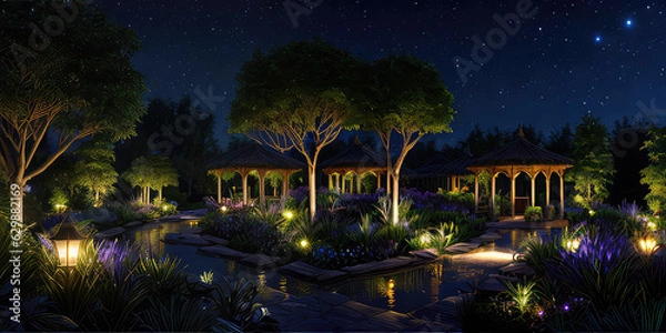 Fototapeta Beautiful Shining Lamps In The Park Environment  In The Night