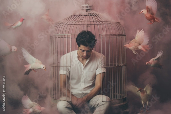 Obraz Surreal illustraton of a man in the birdcage. Depression, anxiety, decision, freedom, mental health concept. AI generative, illustration