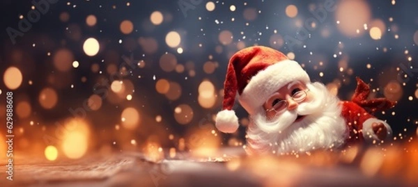 Fototapeta Happy Santa Claus doll in bokeh winter night background. Christmas and New Year event concept. Generative AI technology.