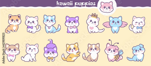 Obraz Cute colorful puppies, kawaii kittens.