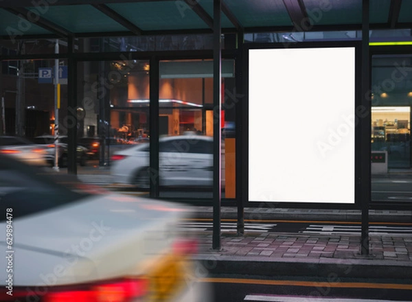 Obraz Blank white Banner light box Media Advertisement at bus stop City street Mock up board template