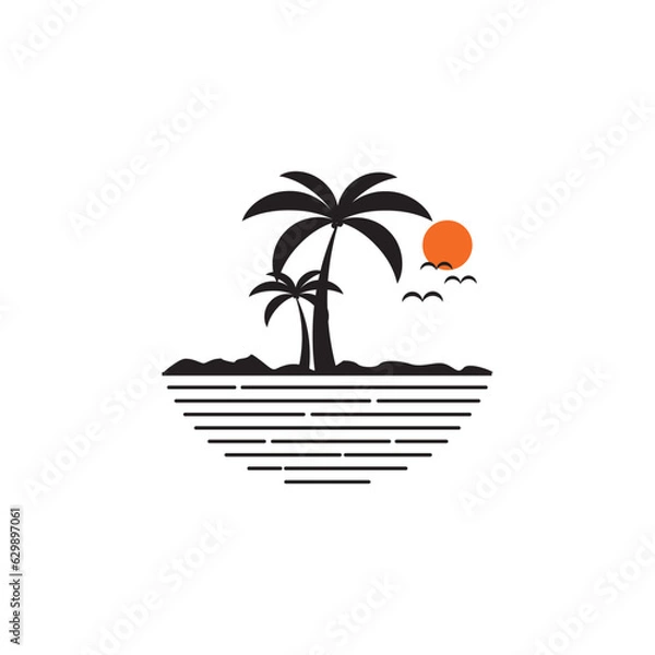 Fototapeta palm tree and beach line art logo vector design,palm tree logo summer vacation, beach logo for vacation,holiday