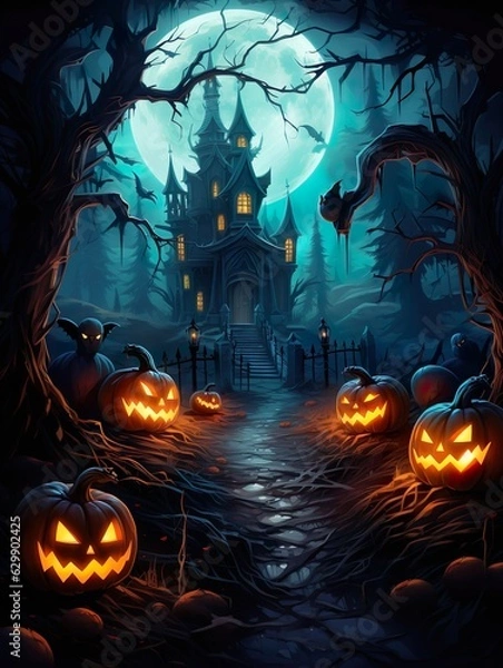 Obraz Halloween background haunted castle full moon on Halloween night made with generative ai technology