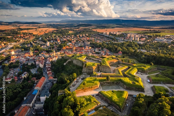 Obraz Aerial view of the city of Kłodzko and the huge fortress captured on a summer afternoon. Landscapes and attractions of Lower Silesia.