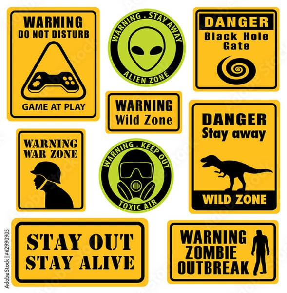 Fototapeta Set of unusual and funny warning signs.