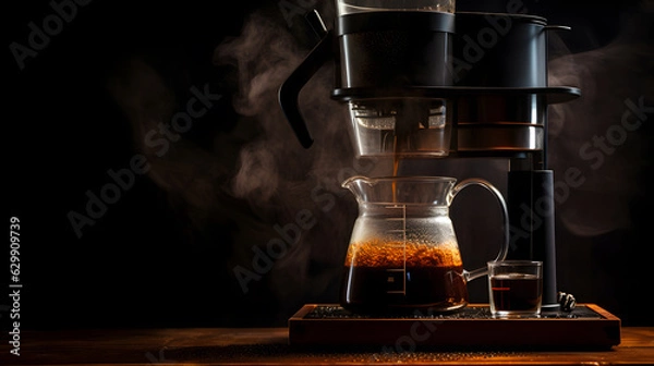 Obraz A drip coffee maker on wooden table and dark background, Generative AI