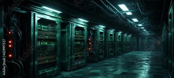 Fototapeta Old underground database server room melancholic background. Generative AI technology.