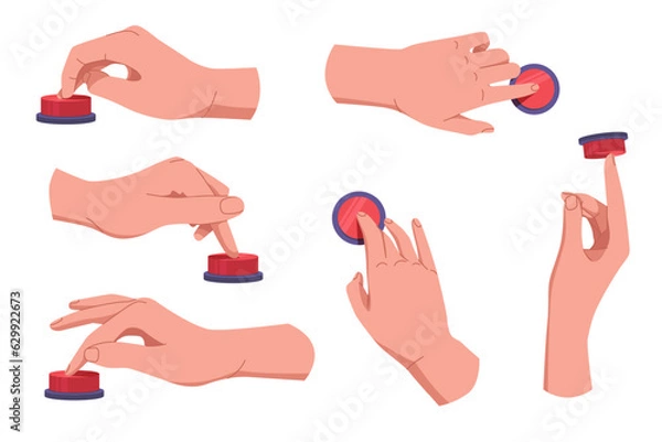 Fototapeta Hands pushing and pressing button set. Fingers pressing button. Turn on and off. Launch, start, control concept. Vector illustration EPS10