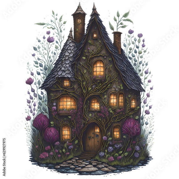 Fototapeta Watercolor Magical Tiny Fairy House PNG Design,  Can be used for the logo, t-shirt design, posters, banners, greetings, print design, generative ai	
