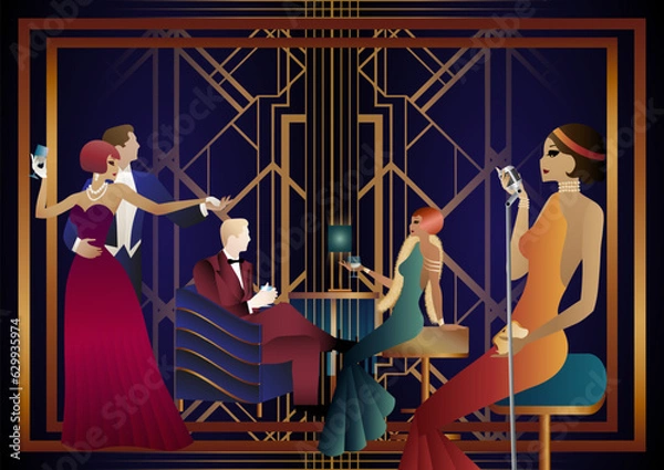 Obraz A girl with a microphone, a couple of people dancing, people at a table with alcohol. Retro party in art deco style. Vector illustration
