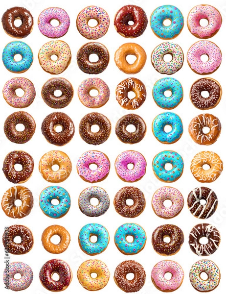 Fototapeta collection of donuts, isolated on transparent background cutout - png - different flavors mockup for design - image compositing footage - alpha channel