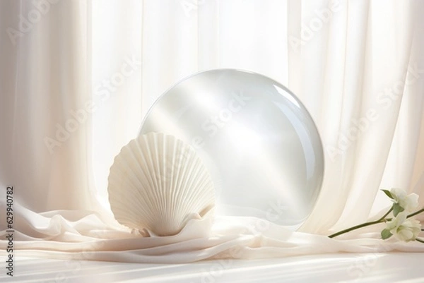 Obraz An iridescent abalone shell elegantly paired with a crystal-clear glass ball resting on a bed of flowing white fabric. The scene bathes in soft sunshine, casting a beautiful glow
