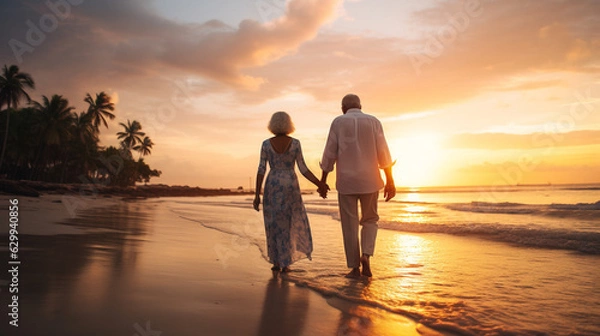 Obraz Old couple walking hand in hand on a tropical beach at sunset