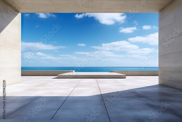 Fototapeta Modern concrete architecture building, exterior floor and roof with empty space for mock up with blue sky background, in clean design, with Generative Ai.