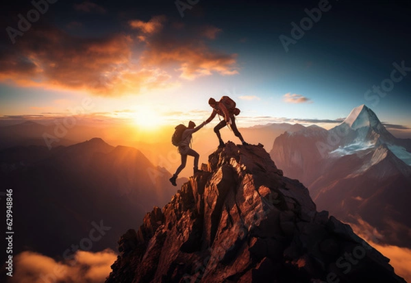 Obraz Turysta pomagający przyjacielowi dotrzeć do góry, generatywna ilustracja AI