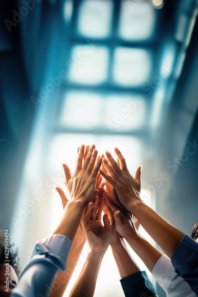Obraz Working together concept with hands united together in the air,  Generative AI illustration