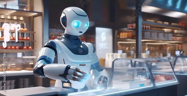 Fototapeta Automated robot cashier with blue glowing eyes serves a customer in a grocery store, selling food, concept of modern technology replace human labor