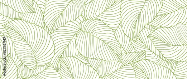 Fototapeta Botanical leaf wallpaper vector. Natural hand drawn foliage pattern in minimalist linear outline style. Design for fabric, print, cover, banner, invitation.