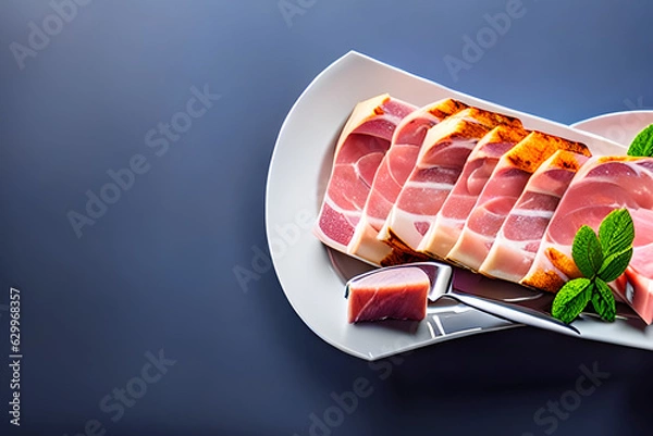Fototapeta sliced ham on a plate. Generative AI