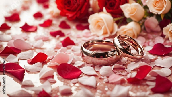 Obraz Gold wedding rings on a background of rose petals. Generative AI