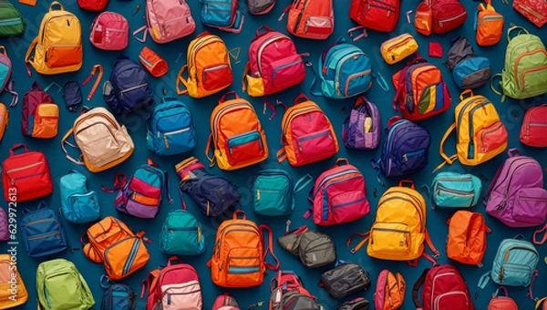 Obraz A pattern of school colourful backpacks. Top view. Generative AI