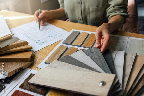 Fototapeta interior designer working on new house design project in office. choosing flooring and furniture materials and colors from samples