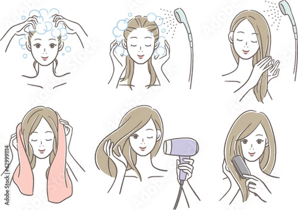 Fototapeta 髪を洗い乾かしている女性