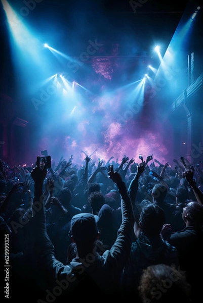 Fototapeta Stage lighting shining down from the top, many people holding their mobile phone flash, dancing in blue and purple. AI generative