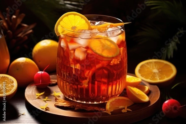 Fototapeta refreshing rum punch in a glass with fruit slices