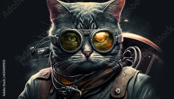 Fototapeta wildlife adventurous cat face background with glasses for pet fun generative ai
