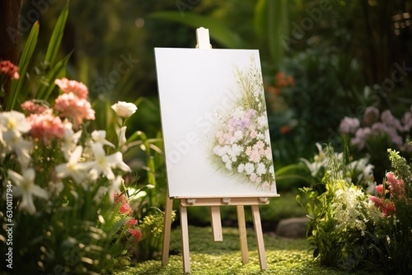 Fototapeta white blank easel with a garden background for the wedding reception mockup
