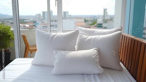 Fototapeta Bed maid-up with clean white pillows and bed sheets in beauty room. Close-up. Lens flair in sunlight,image ai generate