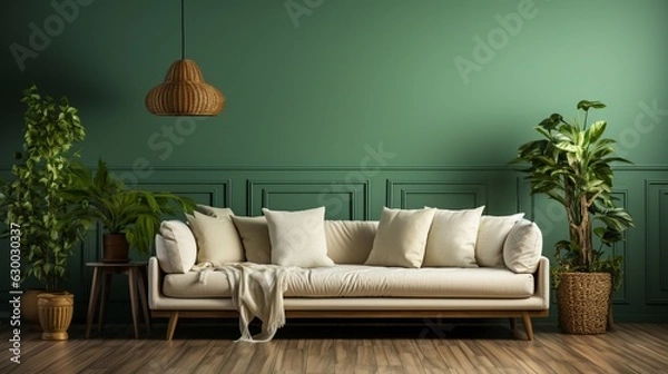 Fototapeta A living room with a green wall and a white sofa with a brown blanket on it and a plant on the right side