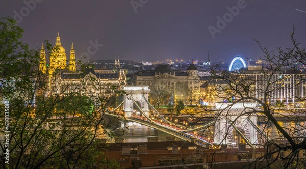 Fototapeta Photos taken with night lights from various angles in budapest, the capital of hungary