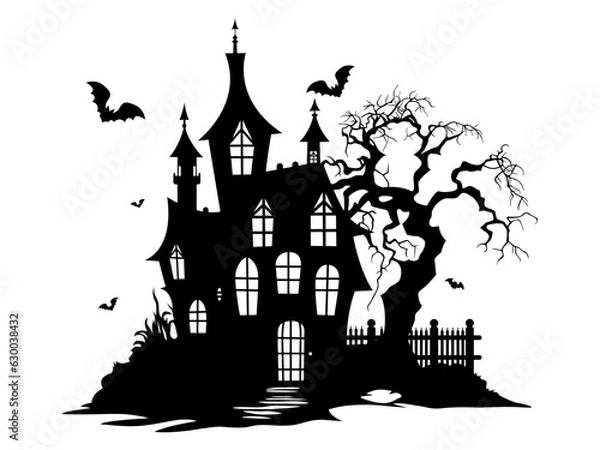 Fototapeta Halloween illustration with silhouette of house and dead trees, bats. Vector illustration.