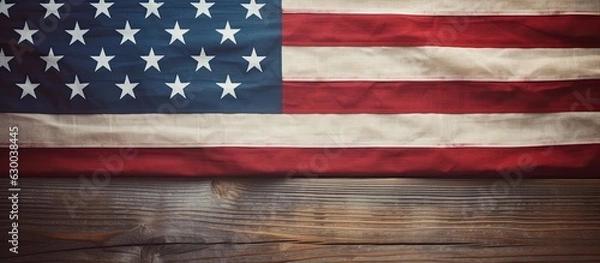 Fototapeta shows the American flag on an old wooden background, with space for text. It is a close-up image that