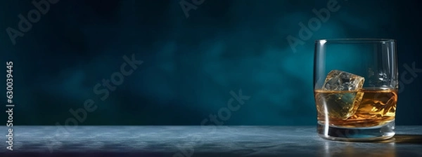 Fototapeta A glass of whisky, cognac with ice cubes on an old vintage blue background, with copy space, place for text, banner and product advertisement mock up