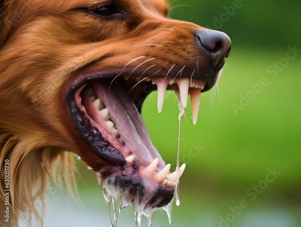 Fototapeta Mad and aggressive dog with saliva drooling barking. Rabies infection concept