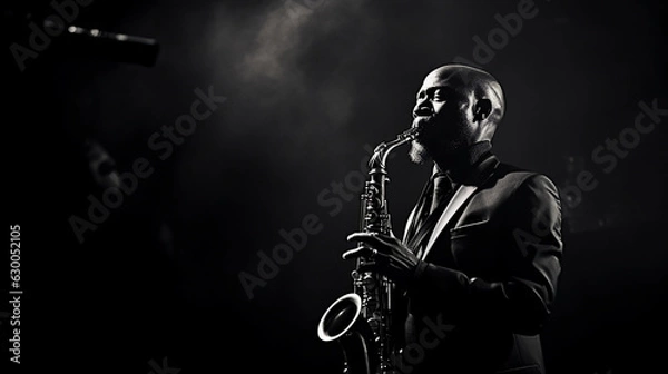 Fototapeta Intimate close - up of a jazz musician playing a saxophone in a smoky room