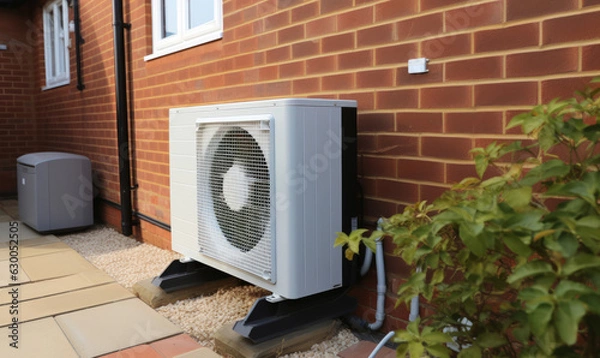 Fototapeta An air source heat pump heating unit installed on the outside of a house