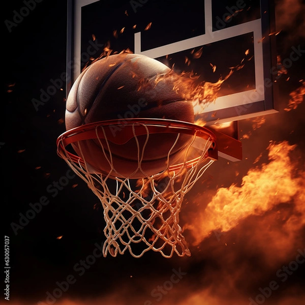 Fototapeta Basketball flying into basketball basket. Fire game. AI generation..