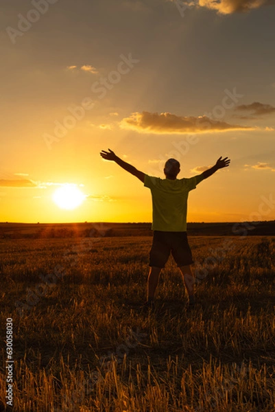Fototapeta A man on his back with his arms open and outstretched in the middle of the field is watching and enjoying the sunset in the summer day. Vertical.