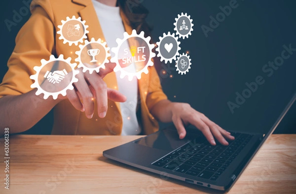 Obraz Power soft skills, multi skills responsibility HR human resources concept. personal attribute development, digital Personality, problem solving, adaptability, leadership, creativity, collaboration