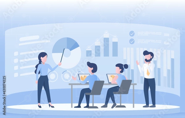Fototapeta Business ideas concept. Business people meeting, discussing, thinking, learning, brainstorming, share and exchange innovation information. Flat vector design illustration.