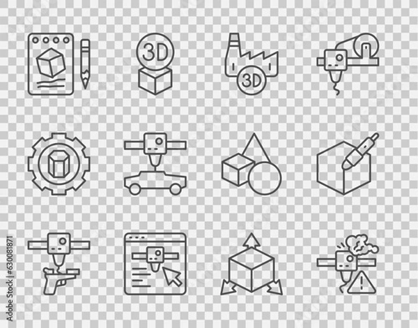 Fototapeta Set line 3D printer gun, warning, Printing house industry, setting, Sketch on paper, car, Isometric cube and 3d pen tool icon. Vector