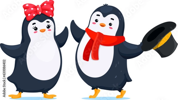 Fototapeta Cartoon cute funny penguin characters. Adorable birds couple, boy wear top hat and scarf and girl with bow on head. Isolated vector friendly personages bring laughter and joy with their playful antics