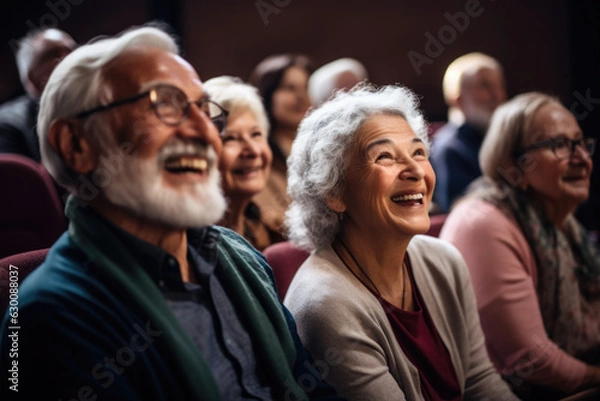 Obraz Happy elderly people sitting in theater watching performance.