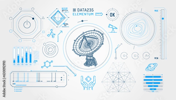 Fototapeta Set of infographic elements about radio astronomy and space observation.