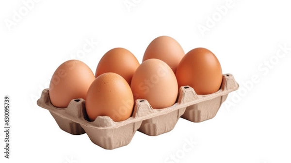 Fototapeta Eggs in a carton box of 6 isolated on a transparent background