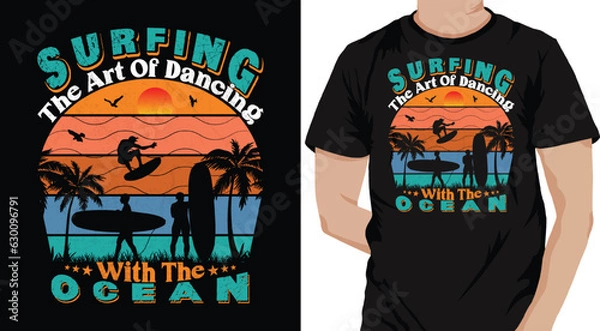 Fototapeta Surfing the art of dancing with the ocean-summer beach surfing vacation Retro vintage vector graphics art illustration, typography, badge, logo, bike rider shirt, print t-shirt design template, poster